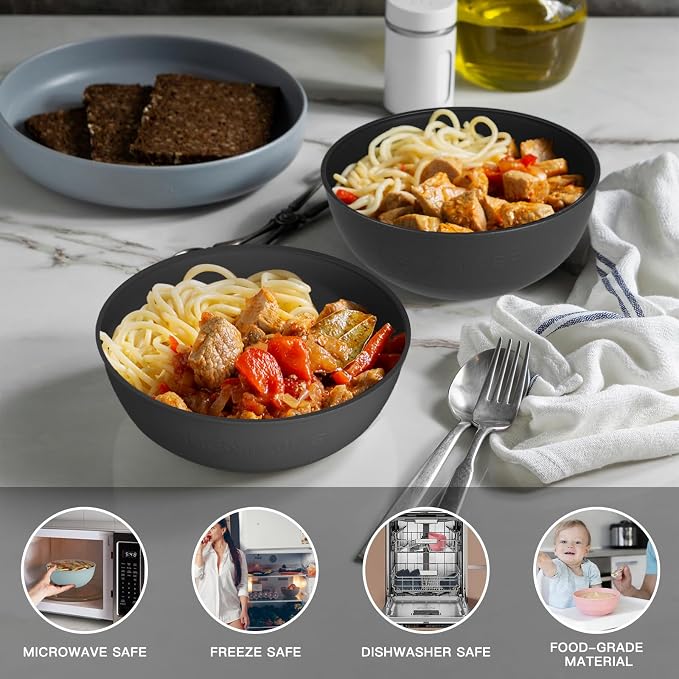 Greentainer 50 Oz Unbreakable Cereal Bowls Set of 4, Microwave and Dishwasher Safe, Reusable Plastic Soup Bowl for Salad, Oatmeal, Rice, Fruit, Snacks, BPA-Free (Gray)