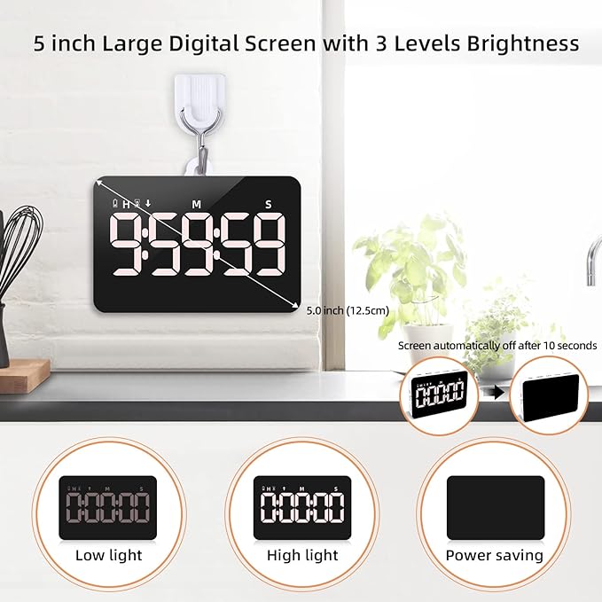 Rechargeable Digital Kitchen Timer for Cooking, Magnetic Timers with Countdown/up, Kids Timer with 5”LED Display 3 Brightness 4 Volume Adjustable for Classroom/Office/Home/Work/Study/Fitness/Game | Countdown/Up, 3 Adjustable Brightness, 4 Adjustable Vo...