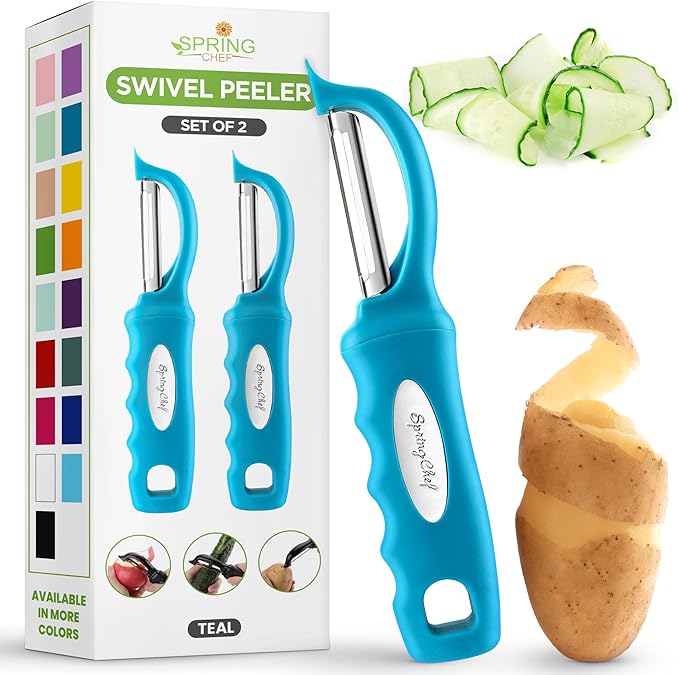 Spring Chef Swivel Vegetable Peeler with Soft Grip Handle, Set of 2, Teal | Premium Potato Peeler w/ Ultra Sharp Stainless Steel Blades, Multifunctional Veggie Peeler for Apple, Carrot, Cucumber, Fruit