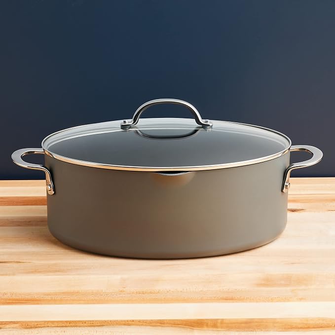 Rachael Ray Cookware, Professional Hard Anodized Nonstick Cookware Oval Pasta Stockpot and Braiser, 8-Quart, Gray