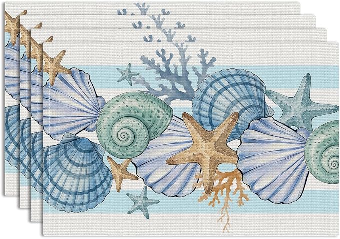 Sea Shell Starfish Beach Placemats Set of 4, Party Kitchen Dining Decor | Seasonal Spring Ocean Coastal Washable Linen Nautical Table Mats wipeable placemats Christmas Festivals Birthday Decor