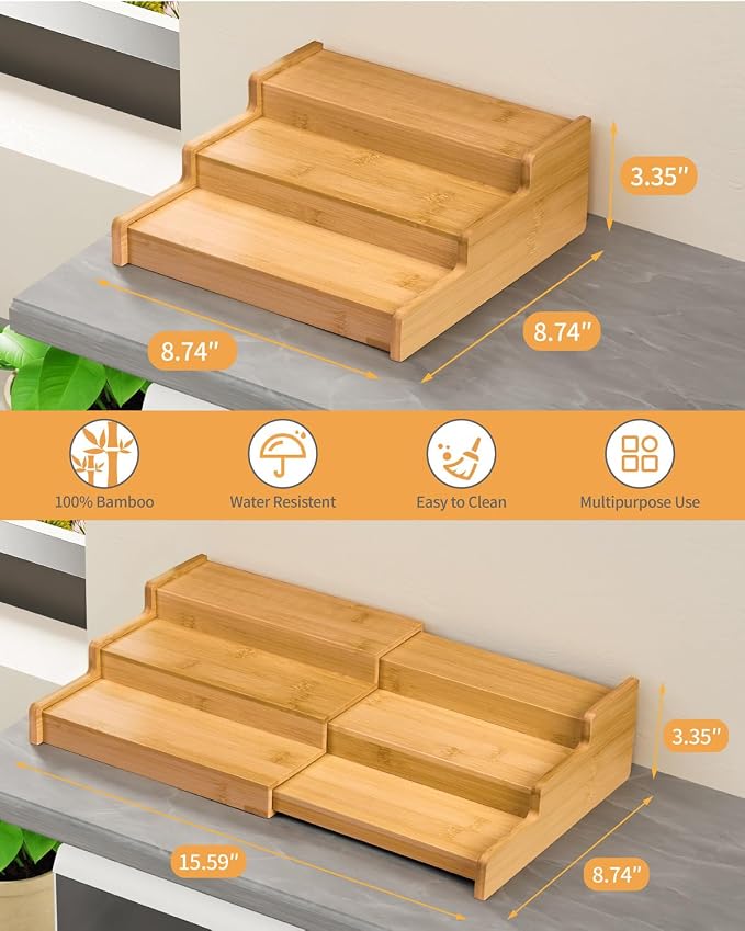 Spice Rack 3-Tier Natural Bamboo, Adjustable Cabinet Organizer Shelf | Expands 8.7-15.6"cabinets. Stepped design, labels visible.Storage organizer saves space, easy wipe. For spices, jars,cans.
