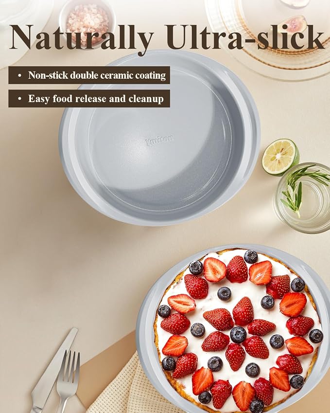 9 Inch Nonstick Round Cake Pan with Handle, Ceramic Coating PFOA PFAS PTFE Free, Aluminized Steel, Oven Safe 550°F, Dishwasher Safe, For Layer Cakes Cheesecakes and Brownies (Sunshine Cream)