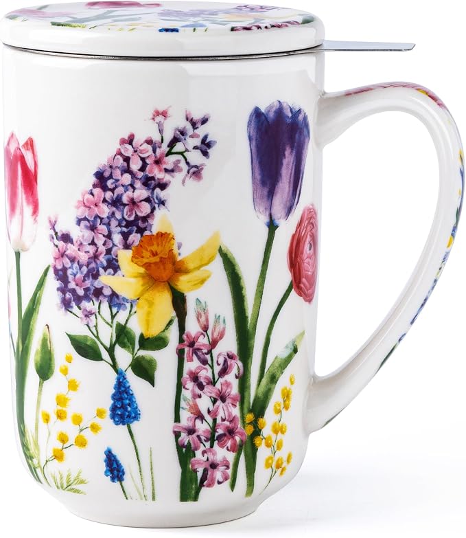 GBhome Tea Mug with Infuser and Lid,18 Ounce Ceramic Loose Leaf Cup Steeper | Lead-Free Glaze For Tea Lovers,Microwave & Dishwasher Safe with Tea Strainer