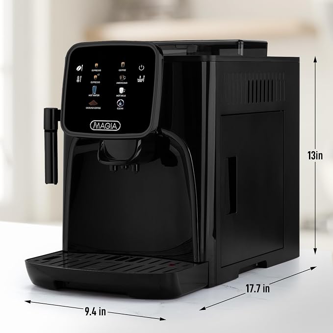 Zulay Kitchen Magia Clasica Automatic Espresso Machine with Built-In Grinder, Touch Panel Coffee Maker, Steam Wand Milk Frother, Adjustable Strength, Self-Cleaning, Black (13" x 17.7" x 9.4")