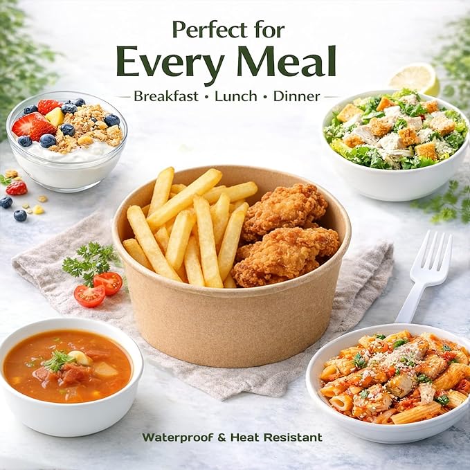 TOPtoper 36Oz 50Pcs Large Paper Bowls with Lids and Forks, Heavy Duty Disposable Meal Prep Containers for Hot/Cold Food, Soup, Disposable Bowls Bulk Soak-Proof for Party