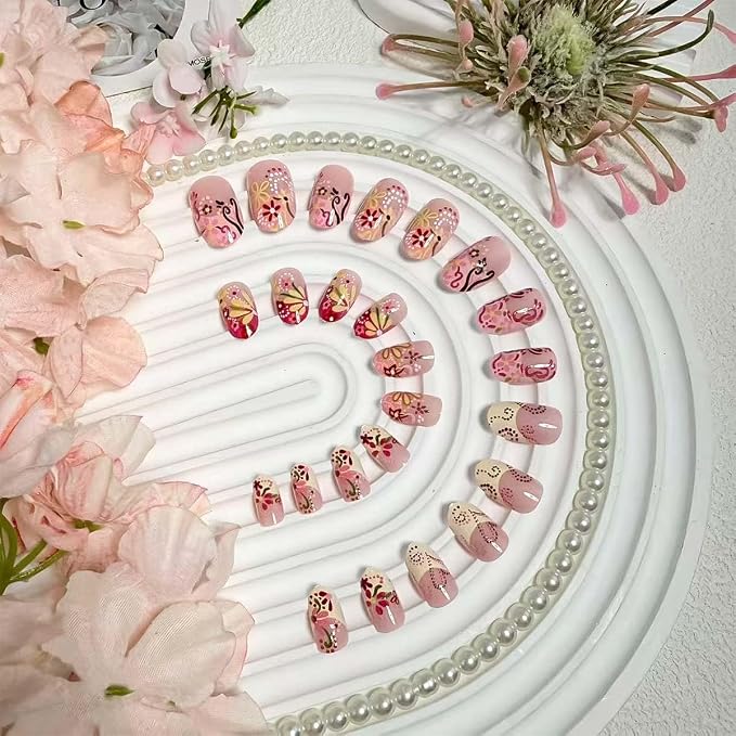 24Pcs French Tip Press on Nails Medium Almond Floral Fake Nails Colorful Flower & Dot Design False Nails Reusable Glossy Glue on Nails for Women Spring Summer Nail Decoration