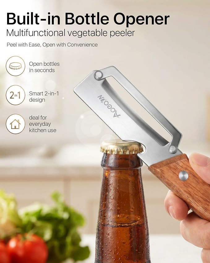 2 Pack Multifunctional Vegetable Peeler With Wooden Handle and Bottle Opener, 3-in-1 Stainless Steel Potato Peeler for Kitchen, 2026 Upgraded Ergonomic Hand Held Peeler Knife for Fruit & Vegetables