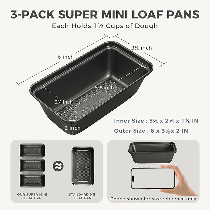 3 Pack Nonstick Mini Loaf Pans, 6 x 3.3 x 2 Inch Small Bread Pans for Homemade Bread, Tiny Banana Baking Tins with Diamond Texture, Non-toxic Mini Meatloaf Pans Set, Dark Gray