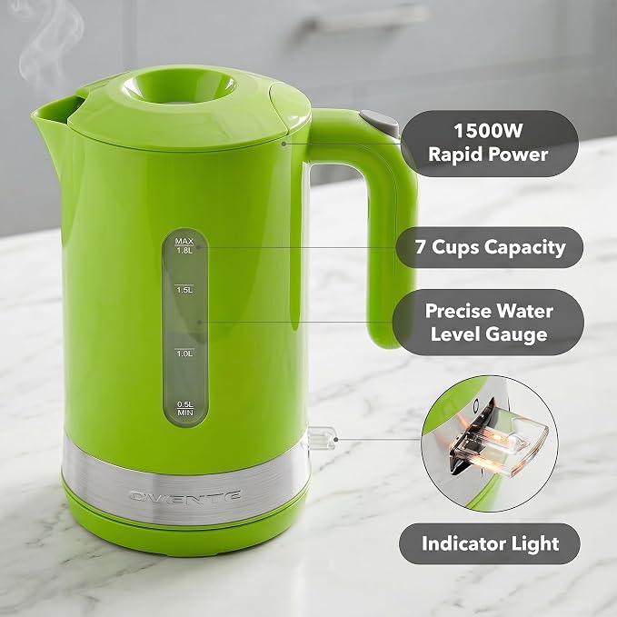 OVENTE 1.8L Electric Kettle with 1500W Fast Boiling Heater, Green KP413G | Best For Coffee or Tea, BPA-Free, Easy-Fill Lid, Water Level Window, Auto Shut-Off & Boil-Dry Protection, Removable Filter