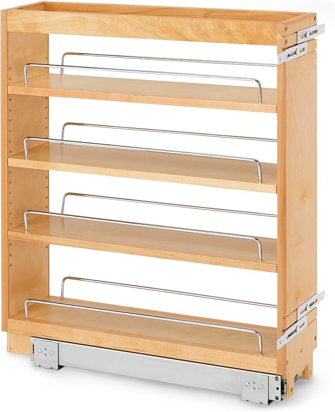 Rev-A-Shelf Pullout Kitchen Cabinet Organizer, Min Cabinet Opening 5.5" W | 5" W Slide Out Pantry Spice or Utensil Storage Rack with Adjustable Shelves for Base Cabinet Organization, 448-BC-5C