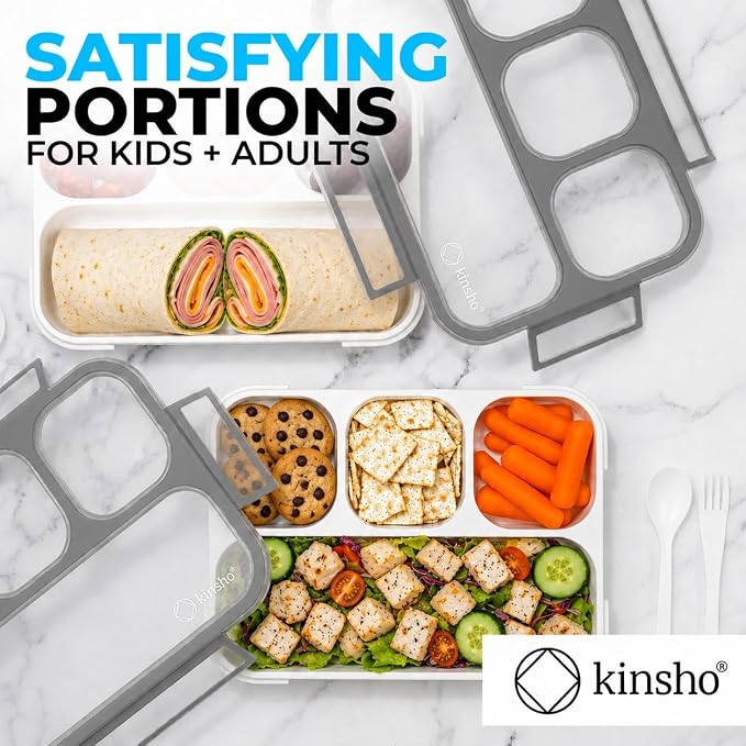kinsho Bento Lunch Box Container for Kids Adults, Portion Control Meal Prep and Snack Containers, Japanese Style Boxes with 4 Compartments for Boys Teens, School Work and Travel BPA Free | Gray