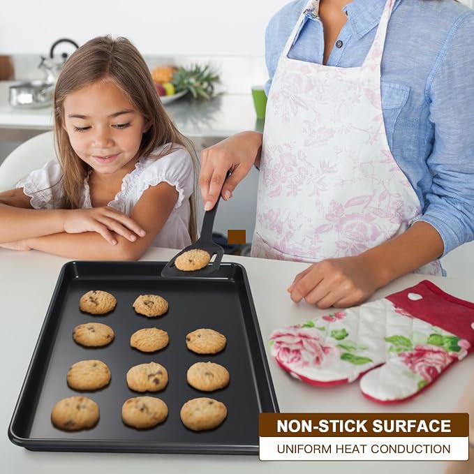 Baking Sheet Pan Set of 3, Nonstick Commercial Cookie Sheets for Baking | Commercial Half/Quarter/Jelly Roll Pans Replacement Toaster Oven Tray, Heavy Duty & Easy Clean