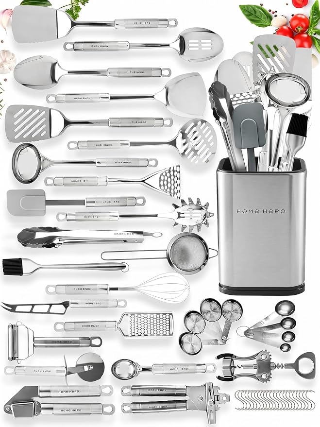 Home Hero 54-Piece Stainless Steel Kitchen Utensils Set - Heat-Resistant Nonstick Silicone & Stainless Steel Cooking Utensils - Complete Tools with Slotted Spoon & Pasta Spoon - Pack of 54, Silver | Heat-Resistant Stainless Steel Kitchen Utensil Set - ...
