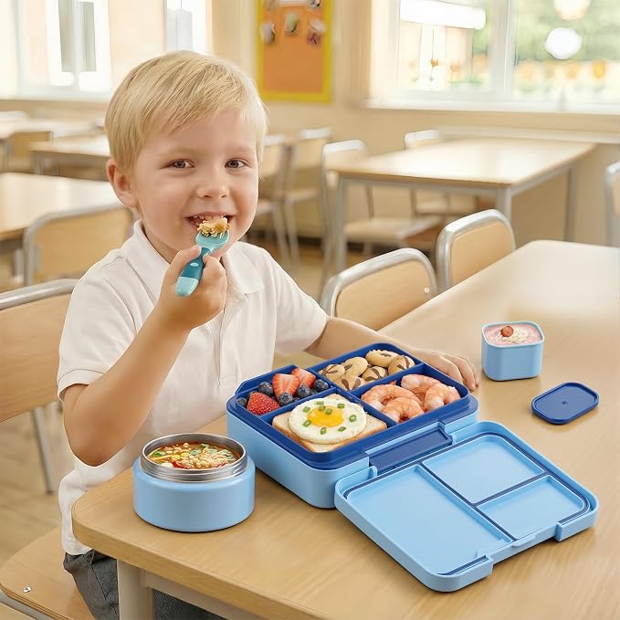 WyfKyd Bento Lunch Box with Soup Thermo Hot Food Container for Kids Adults | Bento Box with 9.5oz Soup Thermo Kids Leak-proof Lunch Container with Stainless Steel Insulated Hot Food Jar for School Blue