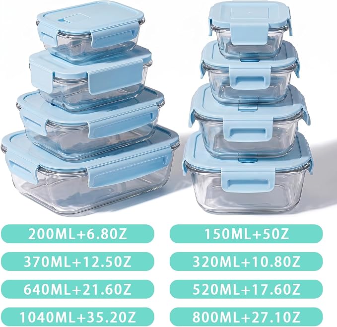 8 Pack Glass Food Storage Containers with Lids(LightBlue) | Meal Prep Containers with Snap Locking Lids, Airtight Lunch Containers for Microwave, Oven, Freezer and Dishwasher, BPA Free