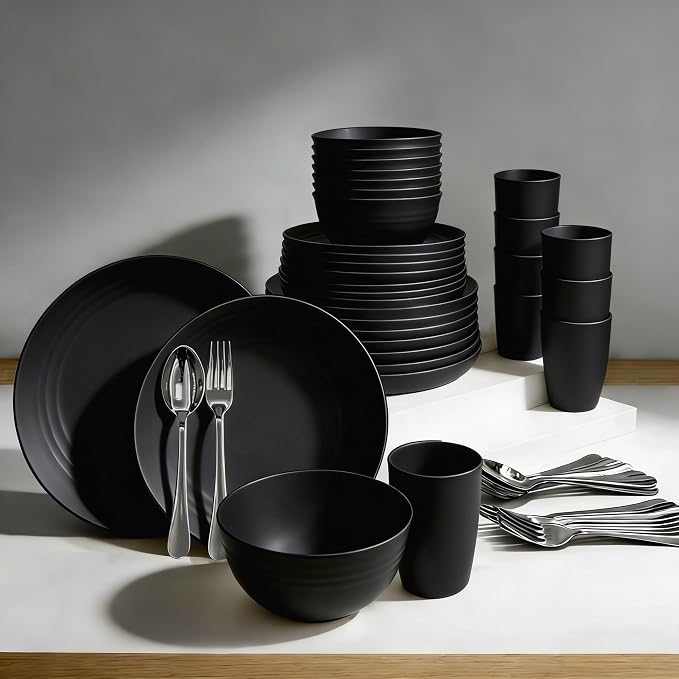 48 Piece Plates and Bowls Sets for 8- Unbreakable Wheat Straw Dinnerware Sets Includes Stainless Steel Forks for Picnic Camping Outdoor Kitchen and Apartment Dinning RV Essentials-Black