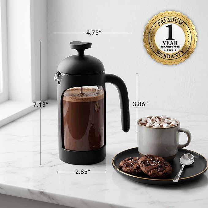 OVENTE 12oz French Press Coffee Maker with 4-Level Filtration, Black FPB12B | Heat Resistant Borosilicate Glass Pot, Dishwasher Safe Stainless Steel Filter, Portable Cafetiere for Travel, Camping or Gift