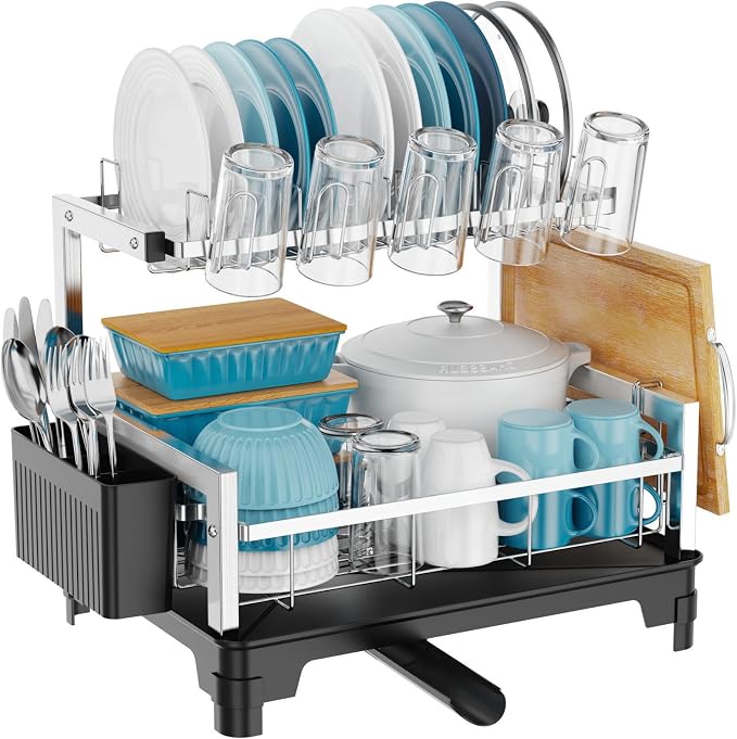 Stainless Steel Dish Drying Rack 2 Tier, Compact Dish Racks for Kitchen Counter with Cutting Board Holder, Auto-Drain Spout, Rust Proof Dish Drainer for Apartment, 21" L x 12.6" W, Silver