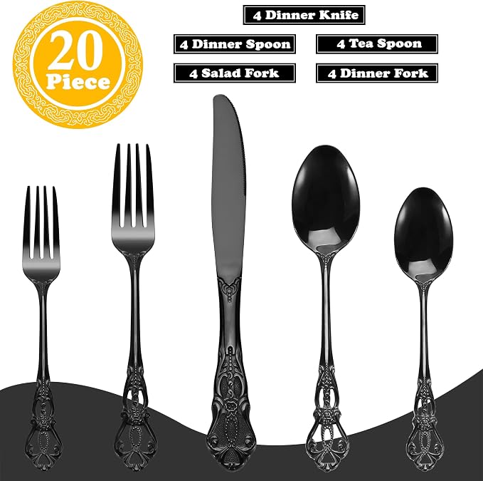 Runfly Gorgeous Retro Royal Black Stainless Steel 20-Piece Flatware Set | Silverware Set for 4, Anti-rust Cutlery Set Utensils Kitchen Including Fork Spoon and Knife