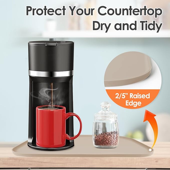 Silicone Coffee Maker Mat with Lip for Countertops, 24'' x 16'', Khaki | Multi leak-proof coffee tray for countertop, non-slip silicone mat fits most coffee makers & espresso machines, wipe-clean
