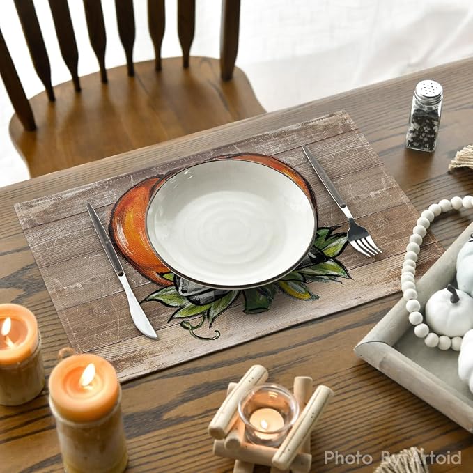 Artoid Mode Wood Pumpkin Bowknot Fall Placemats Set of 4-12 x 18 Inch | Heat-Resistant Table Mats, Washable Seasonal Autumn Kitchen Dining Decor