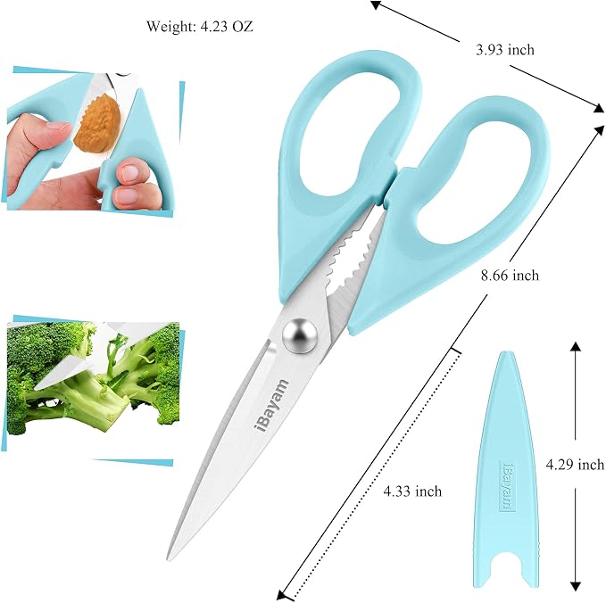 iBayam 8.7" Heavy Duty Kitchen Scissors All Purpose 2-Pack –Pistachio/Blue | Sharp stainless steel blades, cut meat, chicken & vegetables. Ergonomic comfort grip, dishwasher safe, includes blade covers