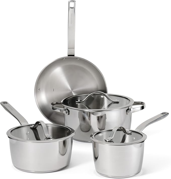 Tramontina Tempo Tri-Ply Base Stainless Steel 7-Piece Pots and Pans Set | Induction-Ready Cookware Set with Lids, Oven-Safe, Dishwasher-Safe