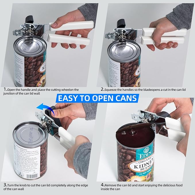 Can Opener Manual, Can Openers Hand Held with Comfort Anti-Slip Handles, Heavy Duty Stainless Steel Can Opener Smooth Edge and Bottle Openers, Easy Turn Can Openers for Seniors, Kitchen, White