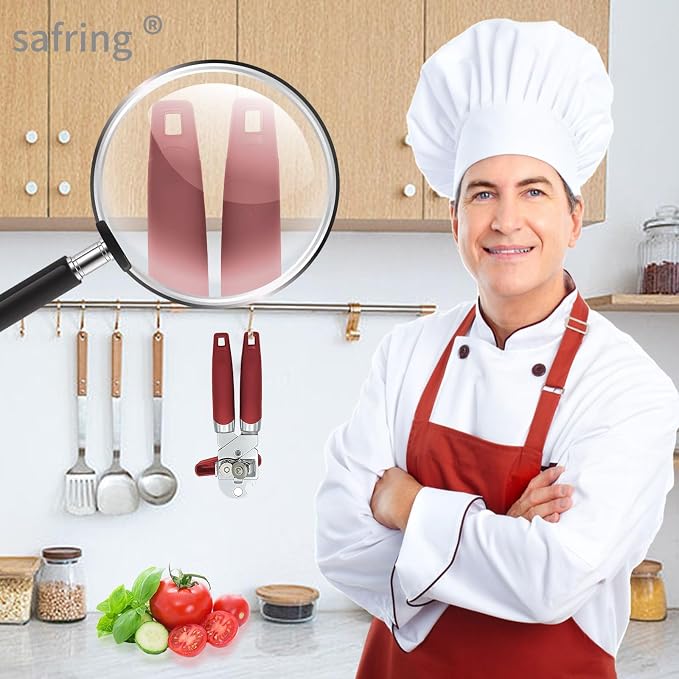 Safring Can Opener Manual, Handheld Strong Heavy Duty Stainless Steel Can Opener, Comfortable Handle, Sharp Blade Smooth Edge, Can Openers with Multifunctional Bottle Opener, Red