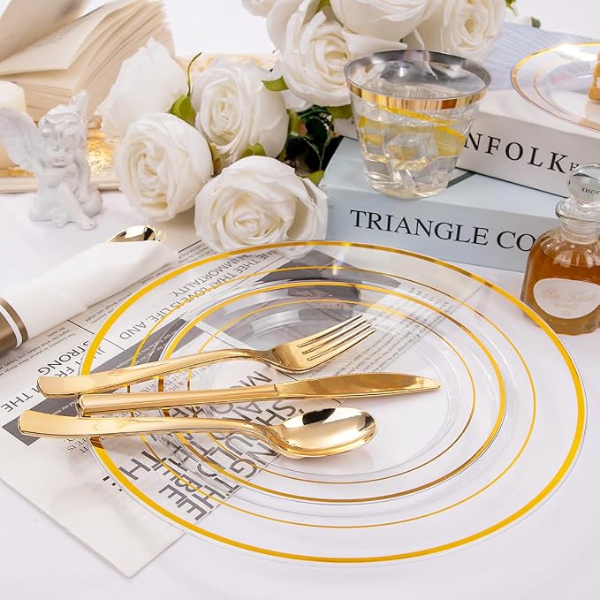 DaYammi 350PCS Clear Gold Plastic Dinnerware Set for 50 Guests Gold Plates Disposable Include: 50 Dinner Plates, 50 Dessert Plates,50 Pre Rolled Napkins with Gold Silverware,50 Cups for Party Wedding