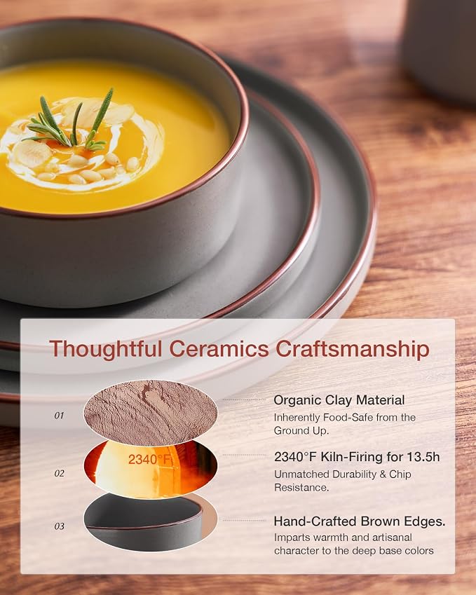 Famiware Nebula Ridge 12-Piece Stoneware Dinnerware Set, Dark Gray | Plates and Bowls for 4, Warm Hand-Painted Rims, Microwave and Dishwasher Safe, Daily Essentials