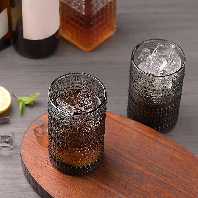 Moretoes 12 Pack 15 Oz Gray Large Hobnail Drinking Glasses Set | Vintage Glassware,Embossed Glass Cups,Water Tumbler,Highball Glasses For Beer, Juice And Various Mixed Drinks