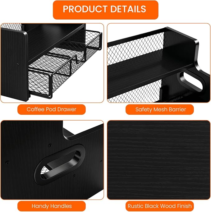 Coffee Syrup Organizer Rack, 3-Tier Syrup Holder Stand with 35 K Cup Storage Drawer, 8 Bottles Capacity, Wood Shelf Liquor Wine Rack for Coffee Bar Countertop, Black