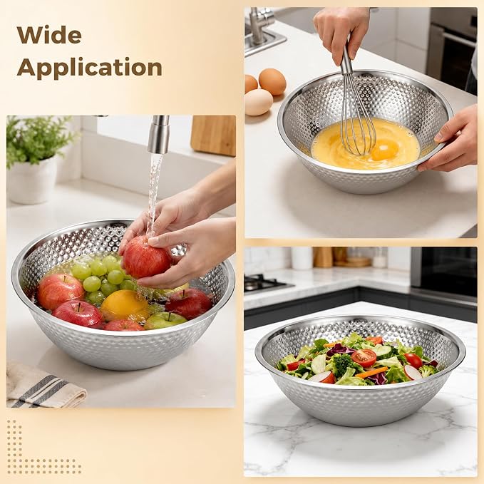 2 Pcs 13 Inch Silver Stainless Steel Salad Bowl Set, 4-Pc Utensil Set | Kitchen mixing bowls for salad, soup, prep, serving, and food storage; silver stainless steel look suits table setups