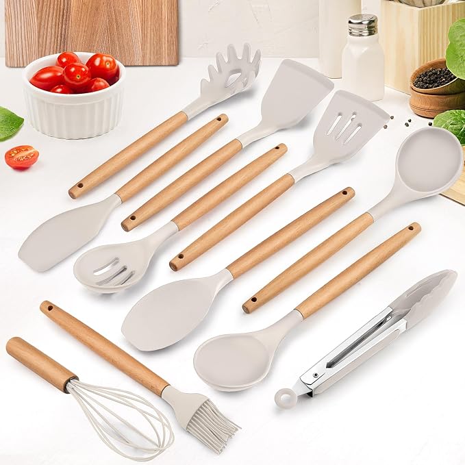 E-far Kitchen Utensils Set of 12, Silicone Cooking Utensils with Holder, Non-stick Cookware Friendly & Heat Resistant, Includes Spatula Tong Whisk Ladle Brush Slotted Turner Spoon(Khaki)