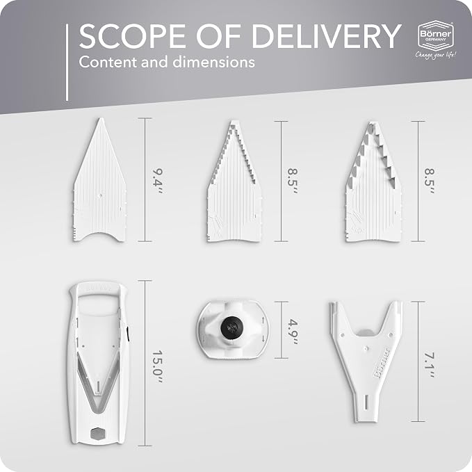 Mandoline Food Slicer Börner V5 (Starter Set) by Reston Lloyd • V-Slicer with Food Holder • Made in Germany • Fruit & Vegetable Chopper • Multiple Settings • Color: White