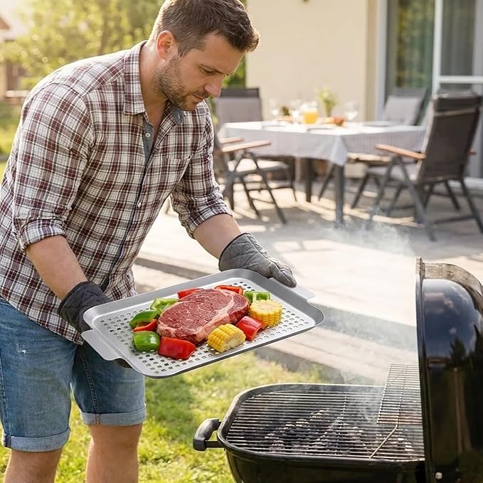 Grill Topper Grilling Pans Set of 2, 17"x10" and 13.3"x7.4" | Non-Stick, Barbecue Trays, Durable with Holes, Metal Topper Baskets, For Barbecue & Smoked Meat, Vegetables & Seafood