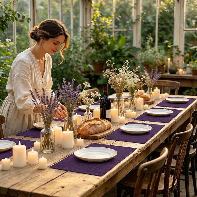 Faux Cotton Linen Placemats Set of 6, Cloth Washable Farmhouse Dining Table Mats for Indoors & Outdoors, Easy to Clean, Purple, 13 x 19 Inch