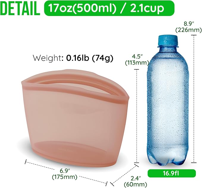 Reusable Silicone Food Storage Bag, 2-Cups, Large Container, Made in Korea BPA-Free Platinum Silicone, Triple-Airtight Freezer Bag, Microwave Safe, Sous Vide, Meal Prep, 17oz, Dry Rose | Reusable