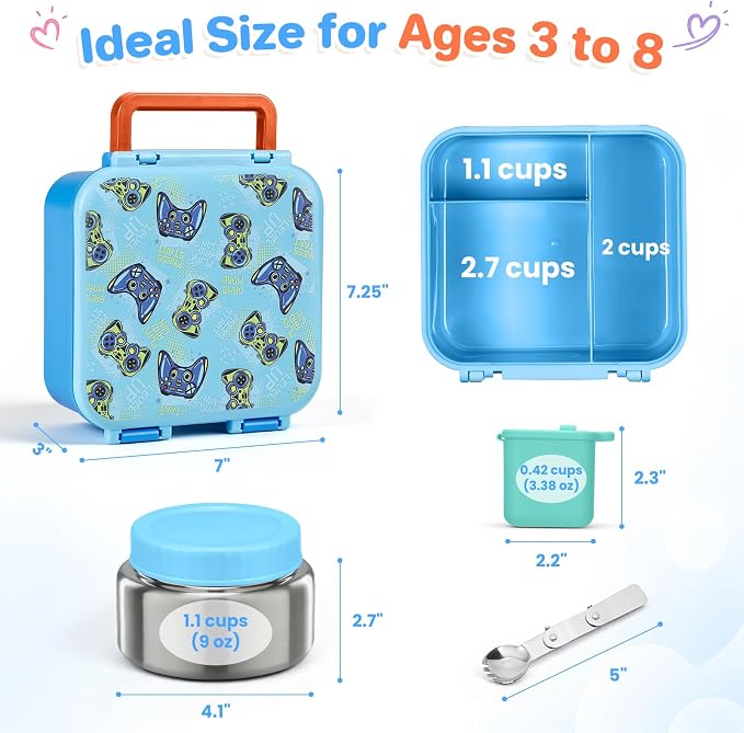 Bento Box for Kids, Lunch Box with Thermo(9oz Food Jar), Silicone Sauce Cup, Stainless Steel Spoon & Removable Divider, Kids Lunch Box Set for Girls Boys Back to School, Blue