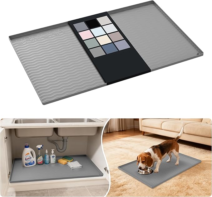 URMONA Waterproof Silicone Under Sink Mat 31'' x 22'' Shelf Liner for Kitchen and Bathroom, Cabinet and Counter Protector, Storage and Organizers, Litter Mat, Pet Cat Puppy Essentials(Beige)