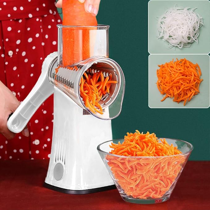 Hand Crank Rotary Cheese Grater Vegetable Shredder Slicer with 5 Blades | Strong sunction base, 5 interchangable sharp drum blades meet various cooking needs, shred block of cheese in seconds