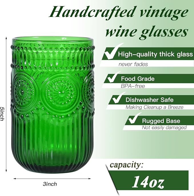 CHLJAR Christmas Green Vintage Wine Drinking Glasses Set of 6, 14 oz hobnail drinking glasses Glassware Embossed Green Water Tumbler for Beer, Juice, Cocktail, Whiskey, Milk