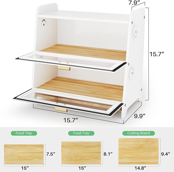 SNTD 2 Tier Bread Box for Kitchen Countertop, Adjustable Ventilation, White | Bamboo Cutting Board, Airtight Design, See-Through Magnetic Door, Bread Storage Container for Homemade Bread, Multi-purpose