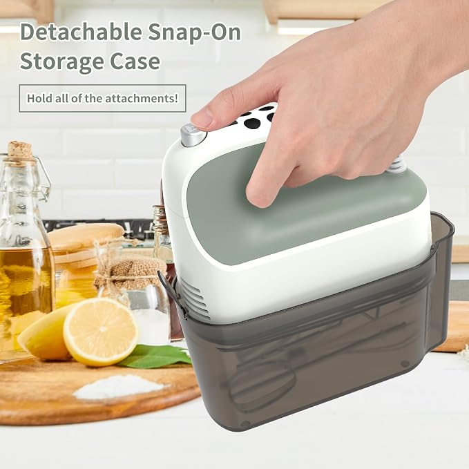 Yomelo 9-Speed Digital Hand Mixer Electric, 400W Powerful DC Motor, Hand Mixer Electric Handheld with Snap-On Storage Case, 5 Stainless Steel Accessories, Beaters, Dough Hooks, Whisk(Light Green)