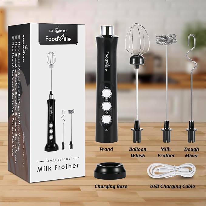 MF09 3 in 1 Rechargeable Milk Frother Handheld Foam Maker with Charging Stand & 3 Stainless Steel Whisks (Black)