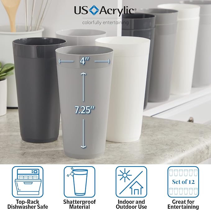 US Acrylic Newport 32 ounce Unbreakable Plastic Stackable Iced-Tea Tumblers in Grey Stone | Set of 12 Drinking Cups | Reusable, BPA-free, Made in the USA, Top-rack Dishwasher and Microwave Safe