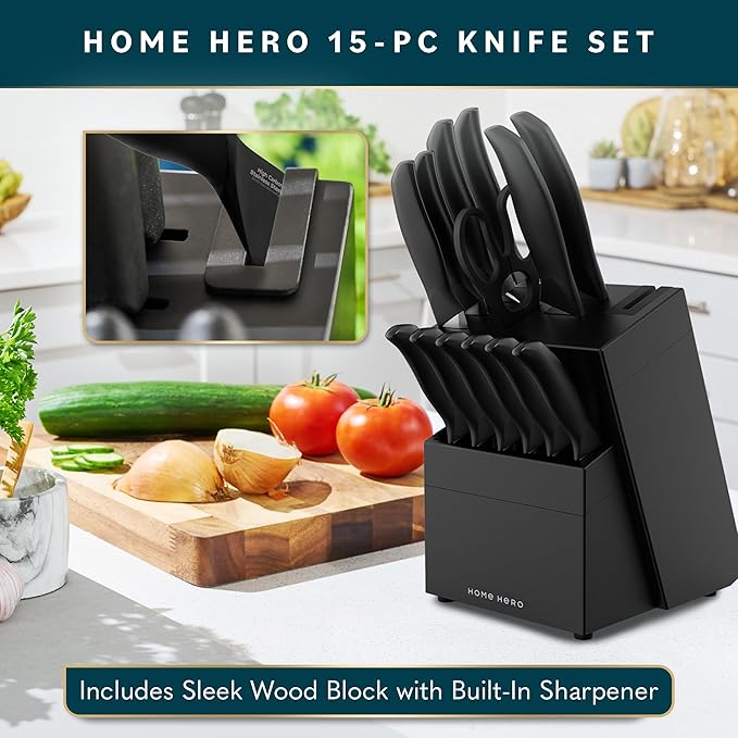 Home Hero 15-Piece Kitchen Knife Set - Knife Block Set | Black Stainless Steel Knife Set with Wooden Block - Built-In Sharpener, Ergonomic Handles & Nonstick Coating (15-Piece)