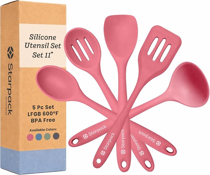 Starpack Stir and Serve Silicone Cooking Utensils Set (5-Piece, 11") - LFGB Non Toxic, 600°F Heat Resistant, BPA-Free - One-Piece Seamless, Dishwasher Safe - for Nonstick Cookware, Earthy Pink
